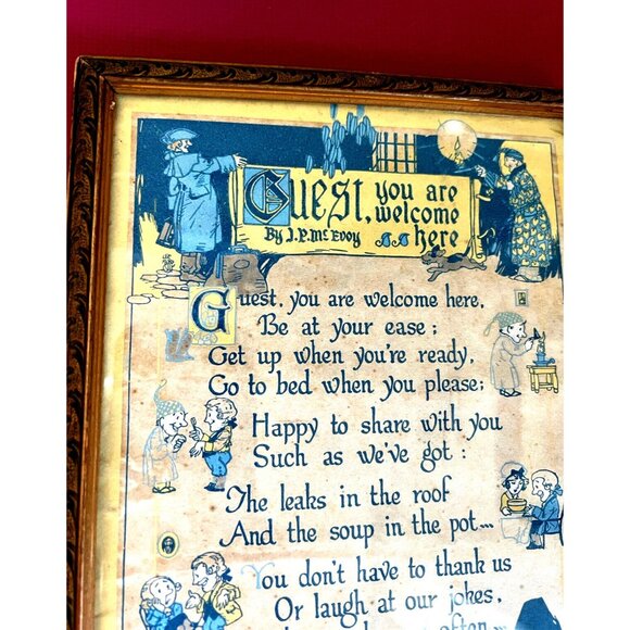 Antique Guest "Welcome"  Note Sign w. Drawing Copy Right 1923 US - Wood Frame - Picture 3 of 7